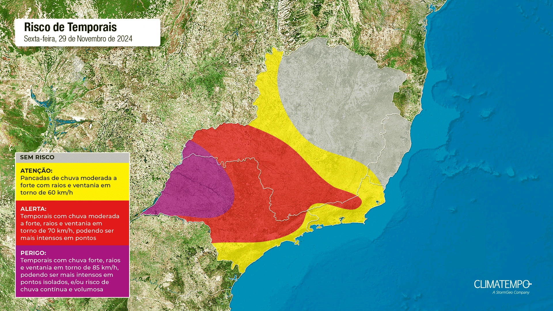 Mapa que indica risco para temporais no sudeste no dia 29 de novembro